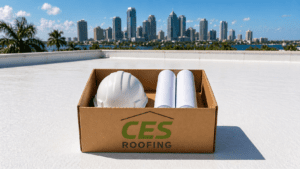 A cardboard box labeled “CES Roofing” sits on a clean, white flat rooftop under bright daylight. Inside the box are a white construction hard hat and two rolled-up sets of architectural blueprints. In the background, across a body of water lined with palm trees, a modern city skyline with tall high-rise buildings is visible under a blue sky with scattered clouds, suggesting a coastal urban setting. How to Choose the Right Commercial Roofing Contractor in Tampa Bay