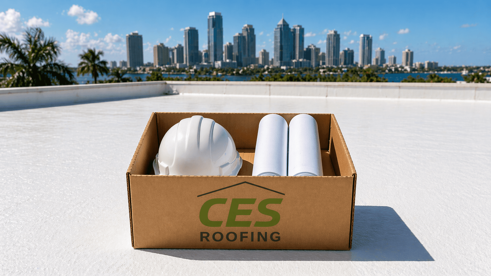 A cardboard box labeled “CES Roofing” sits on a clean, white flat rooftop under bright daylight. Inside the box are a white construction hard hat and two rolled-up sets of architectural blueprints. In the background, across a body of water lined with palm trees, a modern city skyline with tall high-rise buildings is visible under a blue sky with scattered clouds, suggesting a coastal urban setting. How to Choose the Right Commercial Roofing Contractor in Tampa Bay