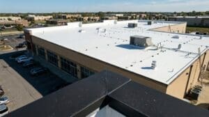 An elevated aerial photograph of a large commercial building with a newly installed white TPO membrane roof. A dark metal parapet corner is in the sharp foreground, leading the eye over the roof towards a parking lot with cars and adjacent commercial properties. A prominent text overlay in the bottom-right corner reads "SECTION 179," indicating a potential tax benefit for a recent commercial roofing project completed by CES Roofing