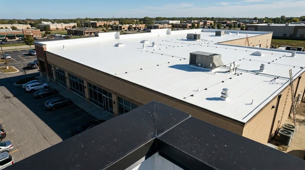 An elevated aerial photograph of a large commercial building with a newly installed white TPO membrane roof. A dark metal parapet corner is in the sharp foreground, leading the eye over the roof towards a parking lot with cars and adjacent commercial properties. A prominent text overlay in the bottom-right corner reads "SECTION 179," indicating a potential tax benefit for a recent commercial roofing project completed by CES Roofing